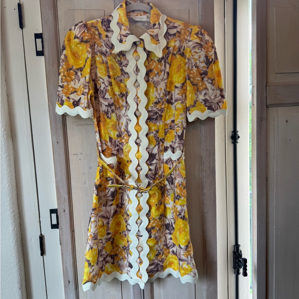 Zimmerman Yellow Floral Scalloped Trim Mini Dress